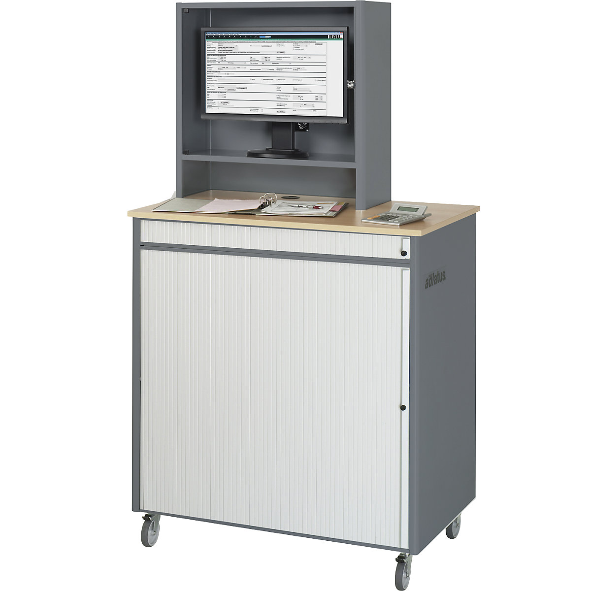 Computer workstation – RAU, HxWxD 1810 x 1030 x 660 mm, with monitor housing, mobile, metallic charcoal / gentian blue-0