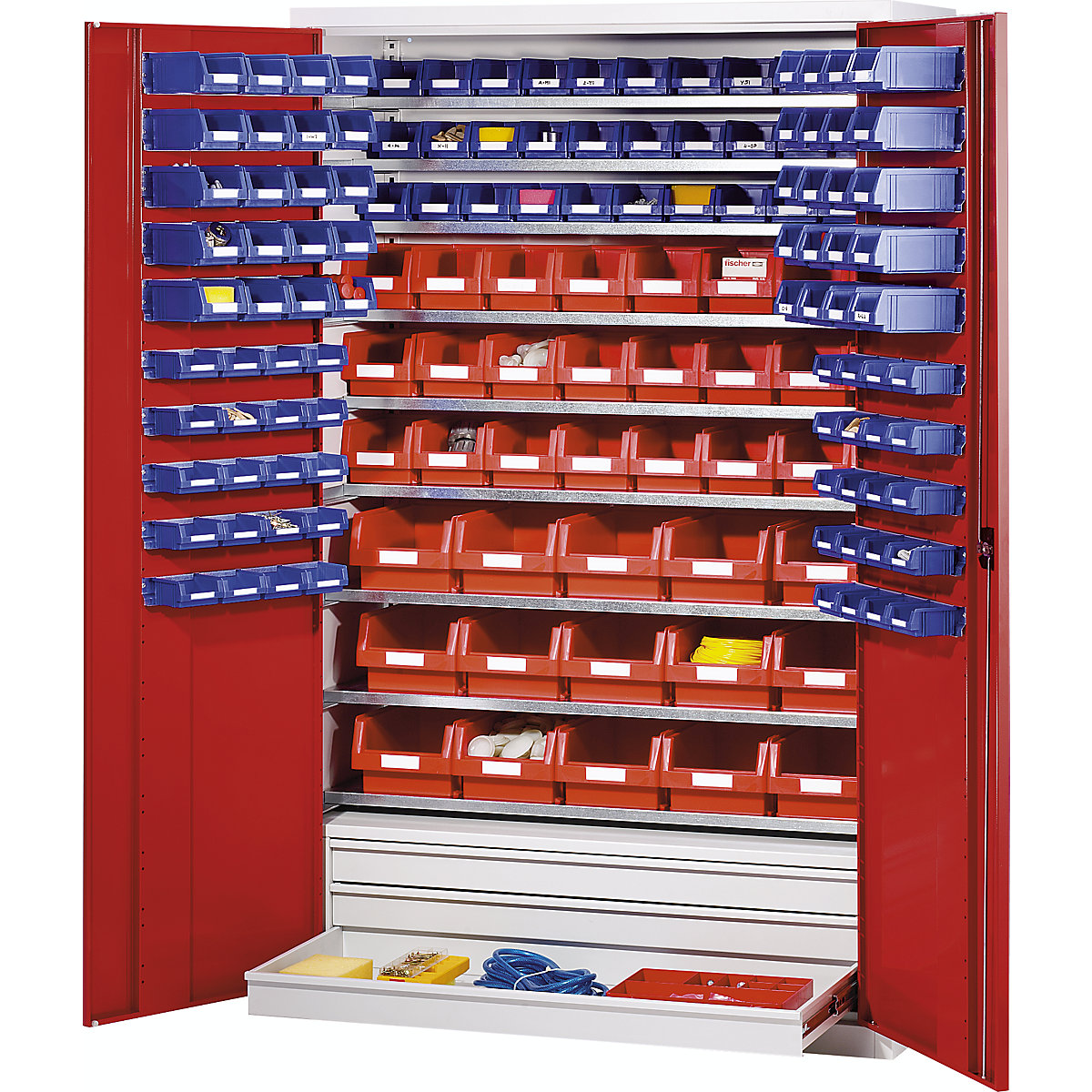 Large cupboard made of sheet steel – eurokraft pro, with 9 shelves, 152 open fronted storage bins and 3 drawers, body in light grey, doors in traffic red-1