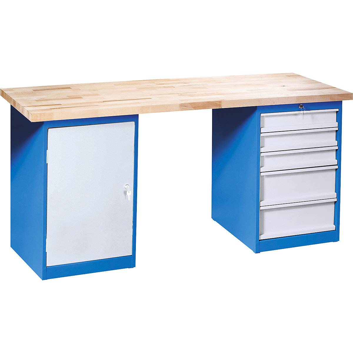 Dílenský stůl, stavebnicový systém, 2 volně stojící skříňky s 5 zásuvkami nebo 1 dvířky (výška 683 mm), šířka 2000 mm-6