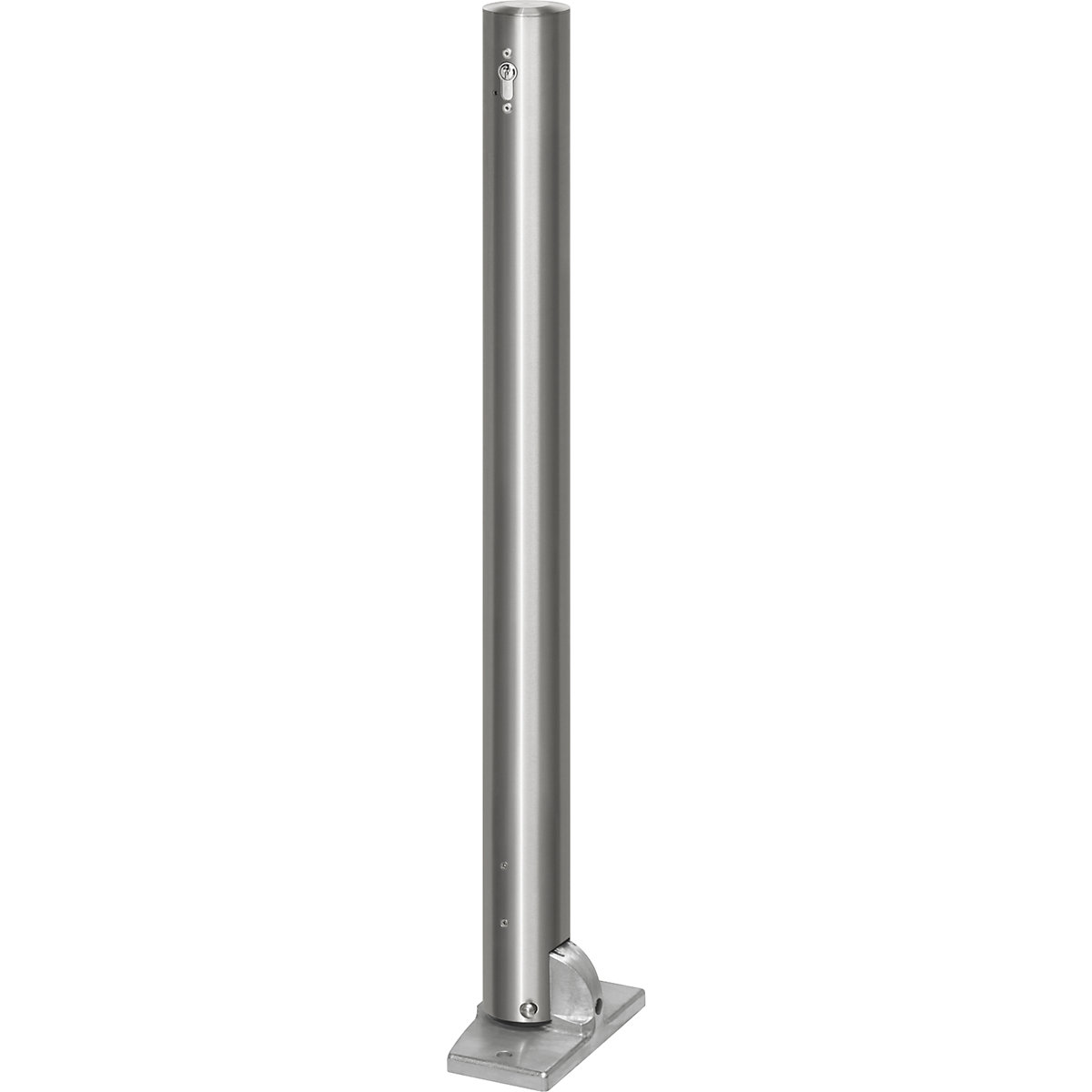 Poste de barreira em aço inoxidável, com cabeça plana, placa de solo para fixar com buchas, Ø 76 mm, rebatível, cilindro perfilado-0