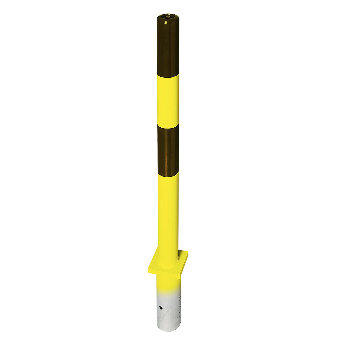 Poste de barreira em aço, para encastrar em betão, Ø 60 mm, preto/amarelo, 2 olhais de corrente-0