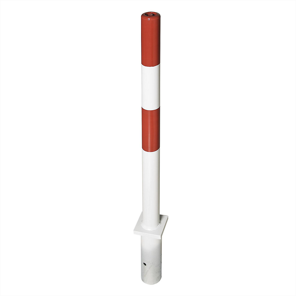 Poste de barreira em aço, para encastrar em betão, Ø 76 mm, vermelho/branco, 2 olhais de corrente-0