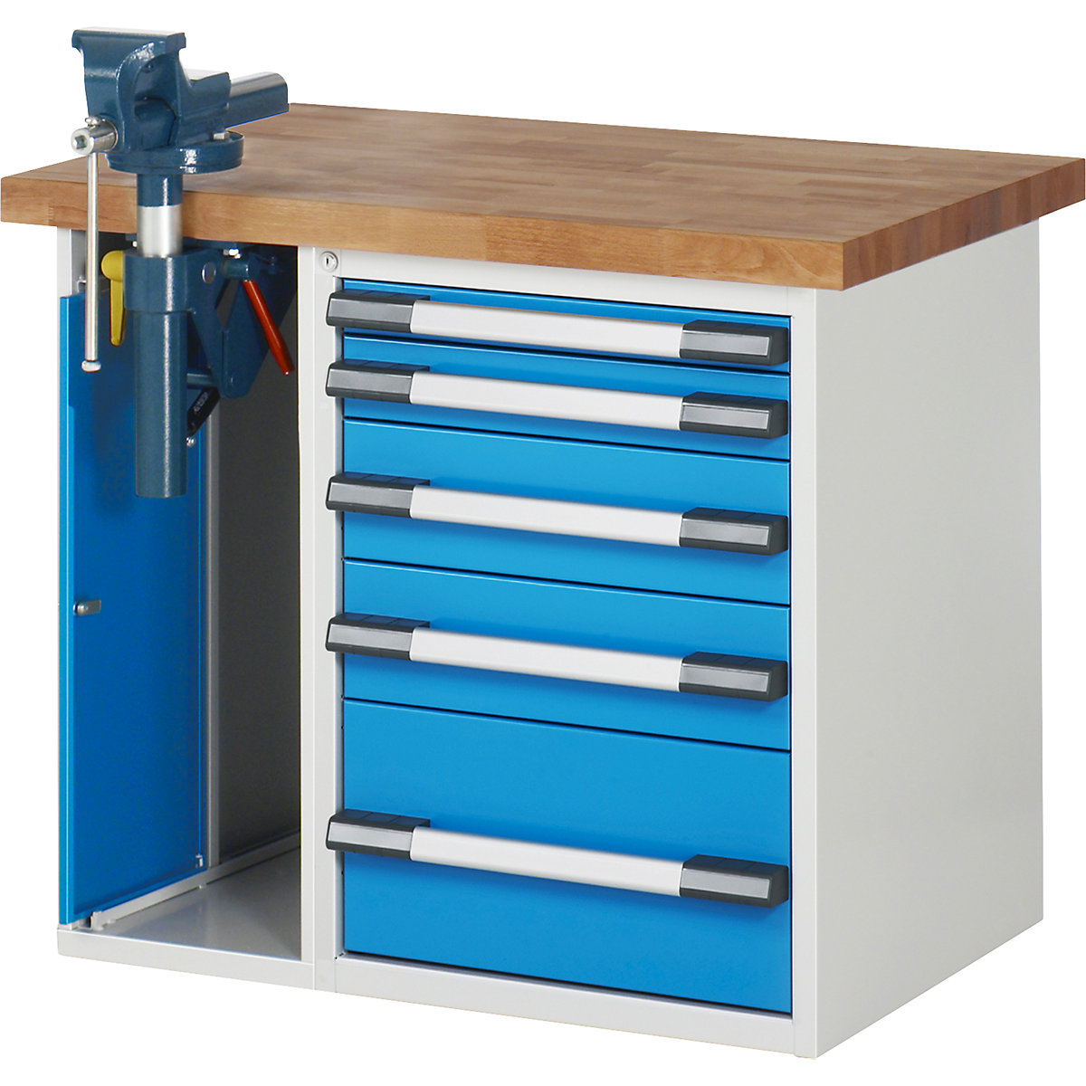 Delovna miza, modularni sistem serije 7000 – eurokraft pro, 5 predalov, 1 primež na levi strani, ŠxG 1000 x 700 mm-0