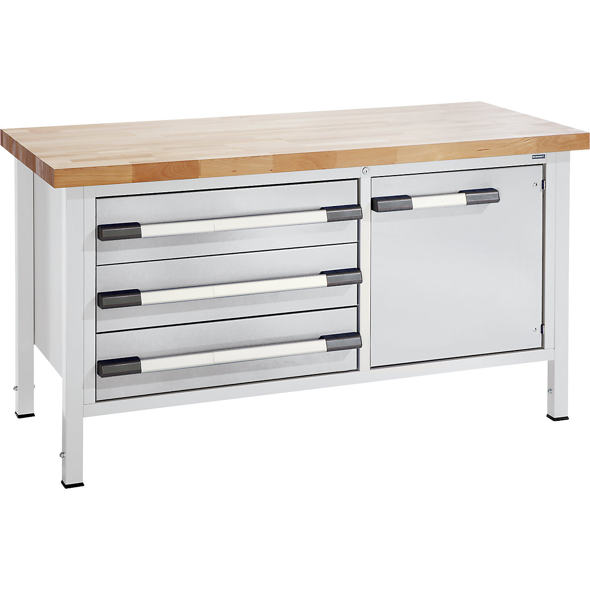 Delovna miza z nastavitvijo višine, izvedba z ogrodjem – eurokraft pro, širina 1500 mm, 3 predali 180 mm, 1 vrata, siva-0