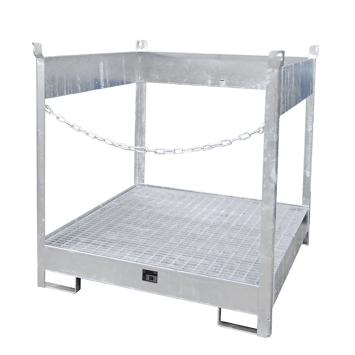 Palet de depozitare și transport cu vană de captare – eurokraft pro, deschis pe toate laturile, stivuibil, pentru 4 butoaie, zincat-0