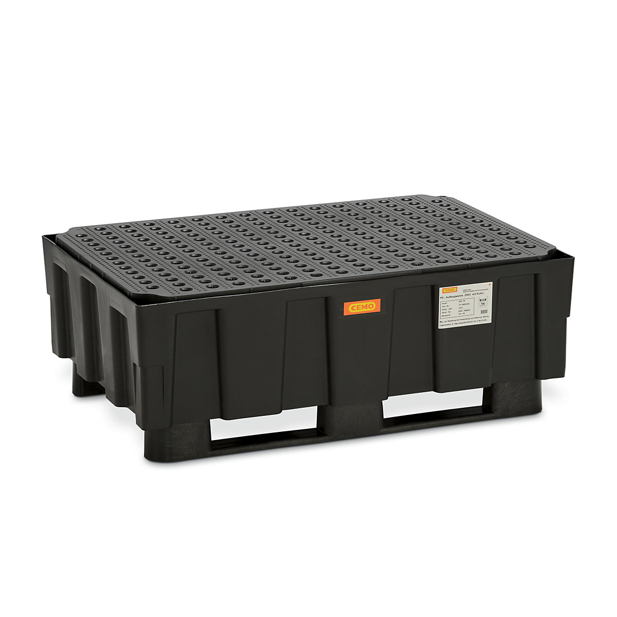 Vană de captare din PE pentru butoaie de 200 l – CEMO, cu tălpi, capacitate de captare 224 l, cu grătar din PE-0