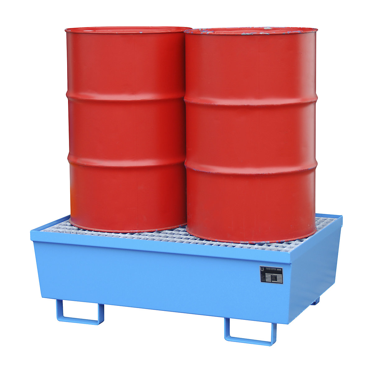 Vană de captare din oțel cu profiluri pentru margini – eurokraft pro, pentru 2 butoaie x 200 l, albastru RAL 5012-0