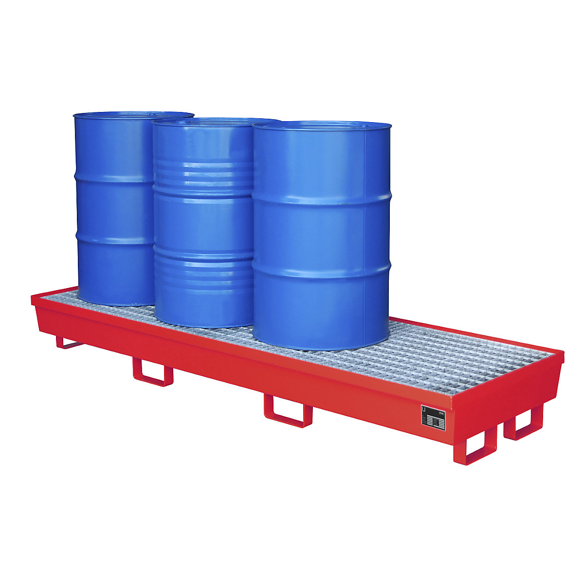 Vană de captare din oțel cu profiluri pentru margini – eurokraft pro, pentru 4 butoaie x 200 l, lung. x lăț. 2400 x 800 mm, roșu RAL 3000-0