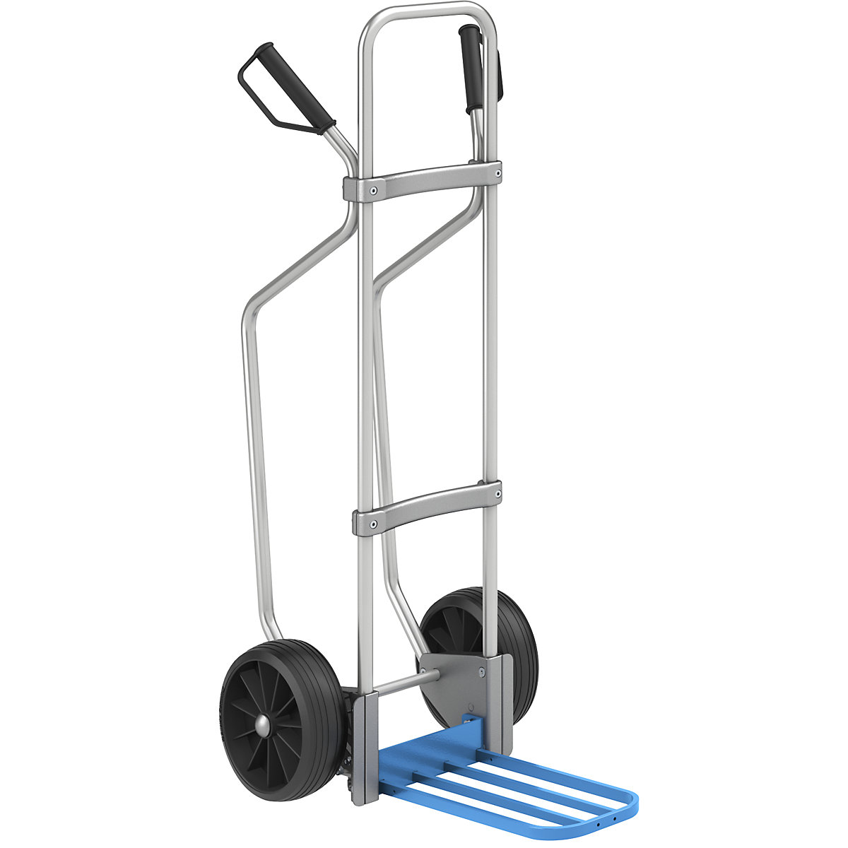 EUROKRAFTpro – Carrello per sacchi in alluminio con pattini, piano di appoggio per pacchi largh. x prof. 430 x 250 mm, blu, ruote in gomma piena