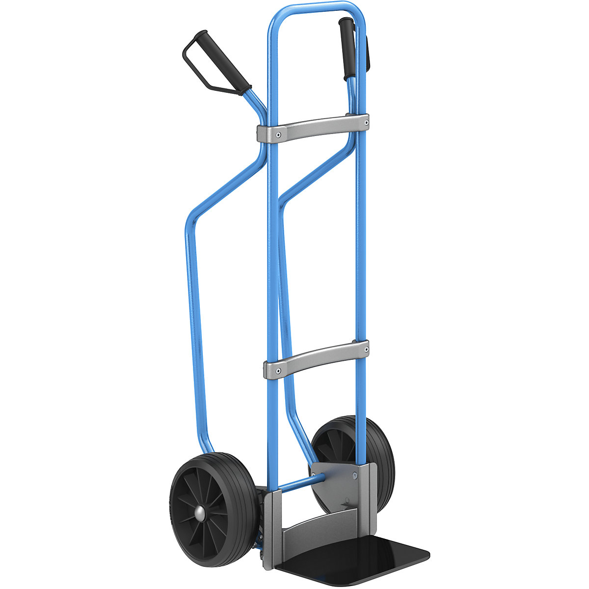 Carrello per sacchi con pattini, blu – eurokraft pro, piano di appoggio largh. x prof. 280 x 250 mm, nero, ruote in gomma piena-0