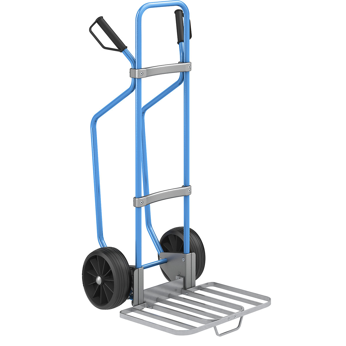 Carrello per sacchi con pattini, blu – eurokraft pro, piano di appoggio per pacchi largh. x prof. 430 x 450 mm, zincato, con maniglia, ruote in gomma piena-0