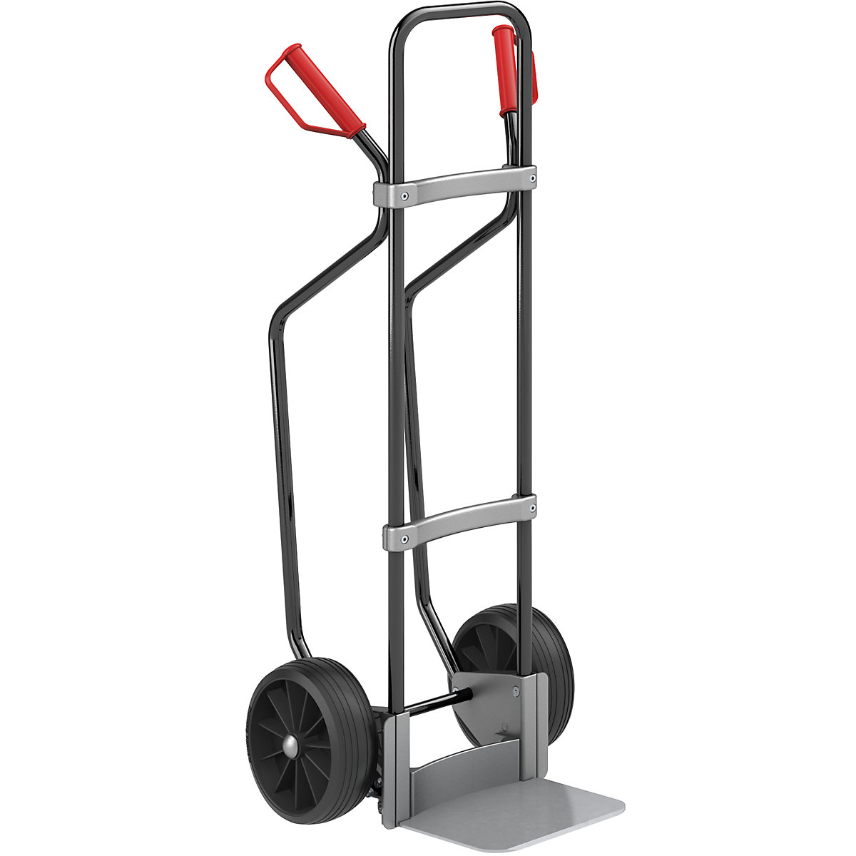Carrello per sacchi con pattini, nero – eurokraft pro, piano di appoggio largh. x prof. 280 x 250 mm, zincato, ruote in gomma piena-0