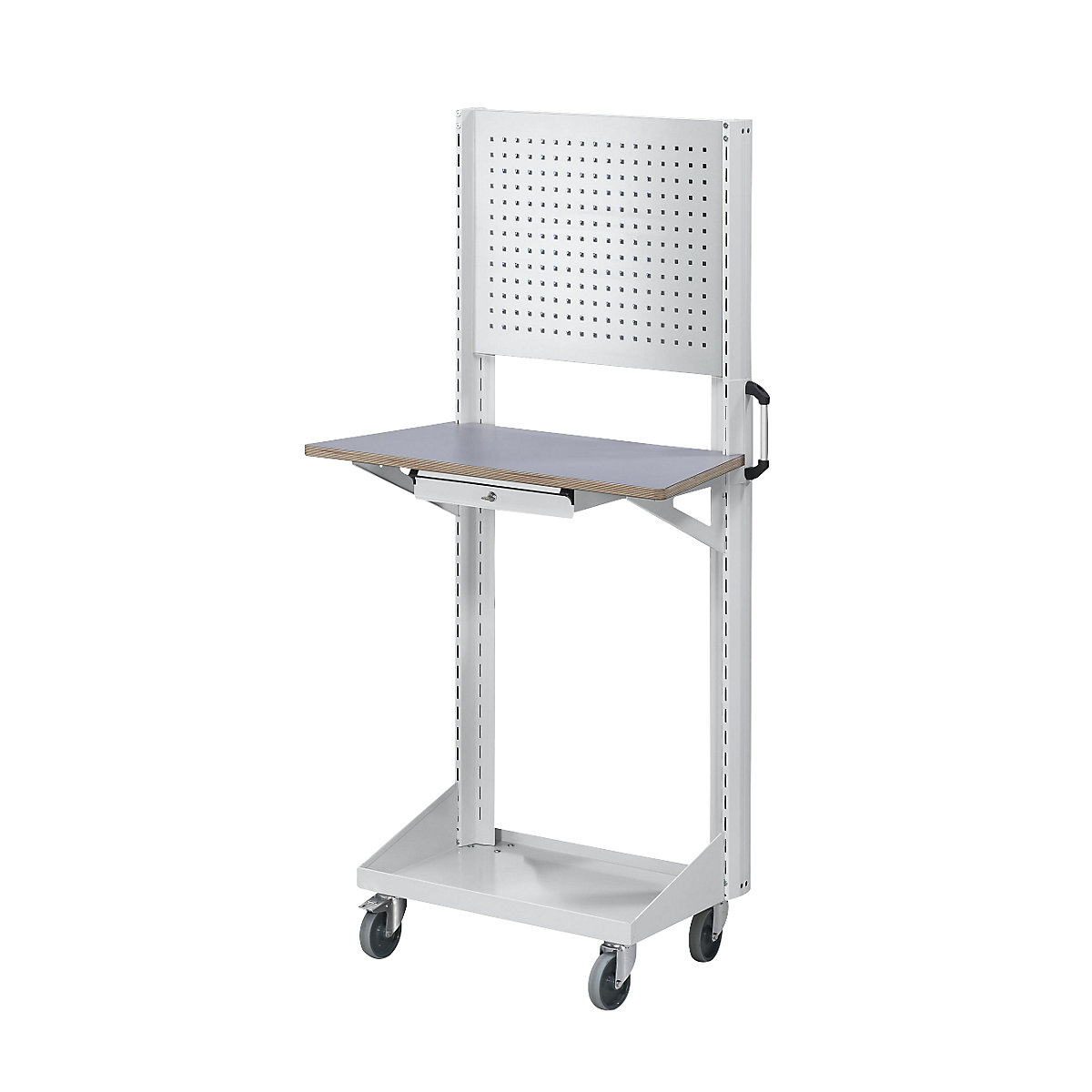 Carro de herramientas y material – ANKE, con placa perforada, placa de trabajo, cajón, gris-0