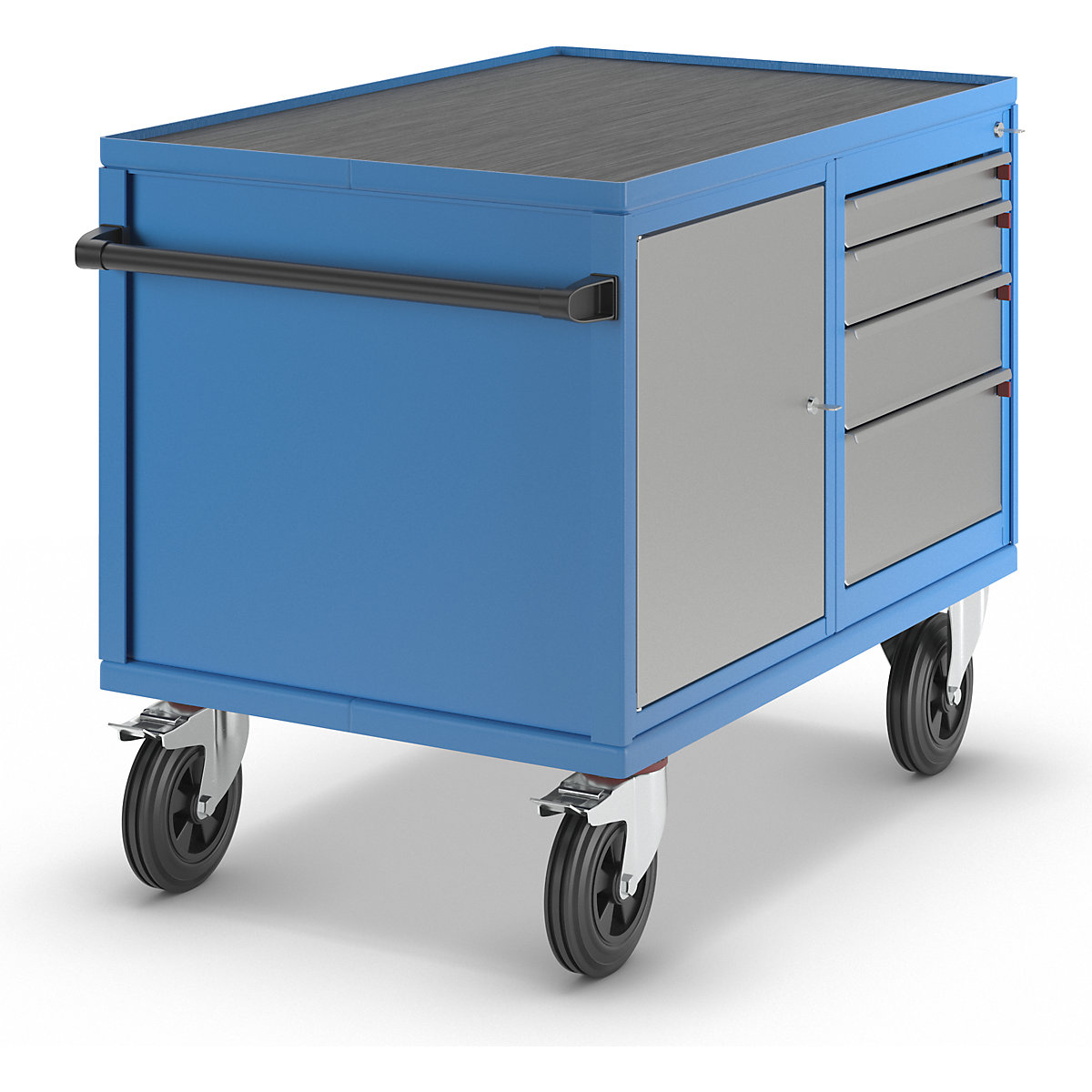 Carro de montaje, carga máx. 500 kg – eurokraft pro, 1 armario, 4 cajones, aluminio blanco RAL 9006 / azul luminoso RAL 5012-1