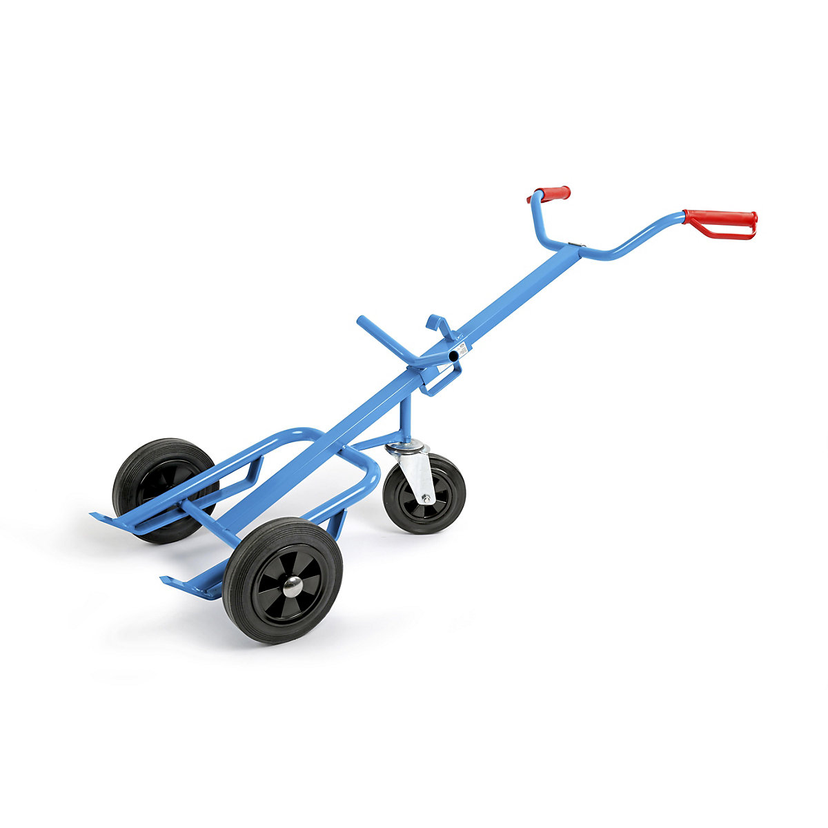 Carro para bidones de acero – eurokraft pro, carga máx. 400 kg, con rueda de apoyo de caucho macizo, ruedas axiales de caucho macizo-0