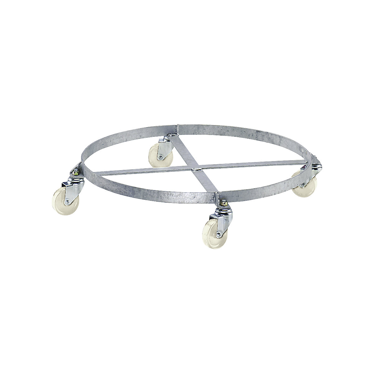 Rodador de bidones, bastidor rodante abierto, galvanizado – eurokraft pro, carga máx. 250 kg, Ø interior del marco 610 mm, con 4 ruedas de maniobra-0