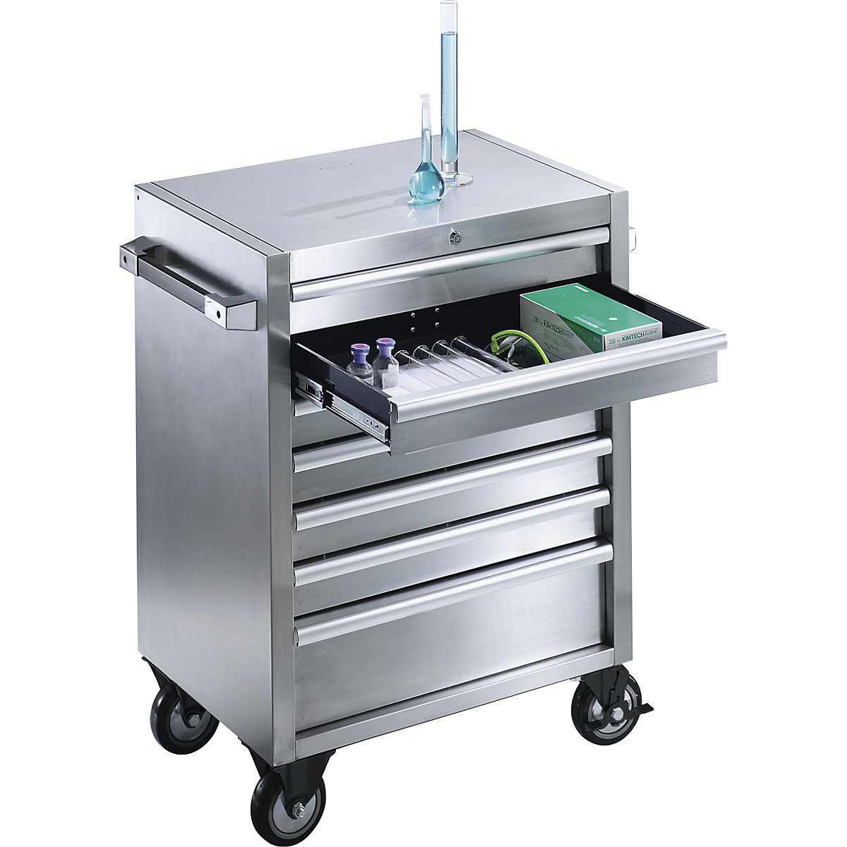 Cărucior din inox cu role și sertare, 7 sertare cu blocare individuală, î. x lăț. x ad. 935 x 680 x 470 mm-0