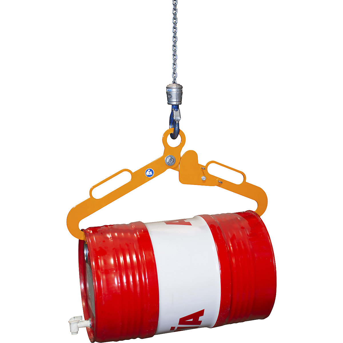 Clește tip foarfecă – eurokraft pro, pentru butoaie din oțel cu dop, de 60 l, în poziție orizontală, galben-portocaliu-0