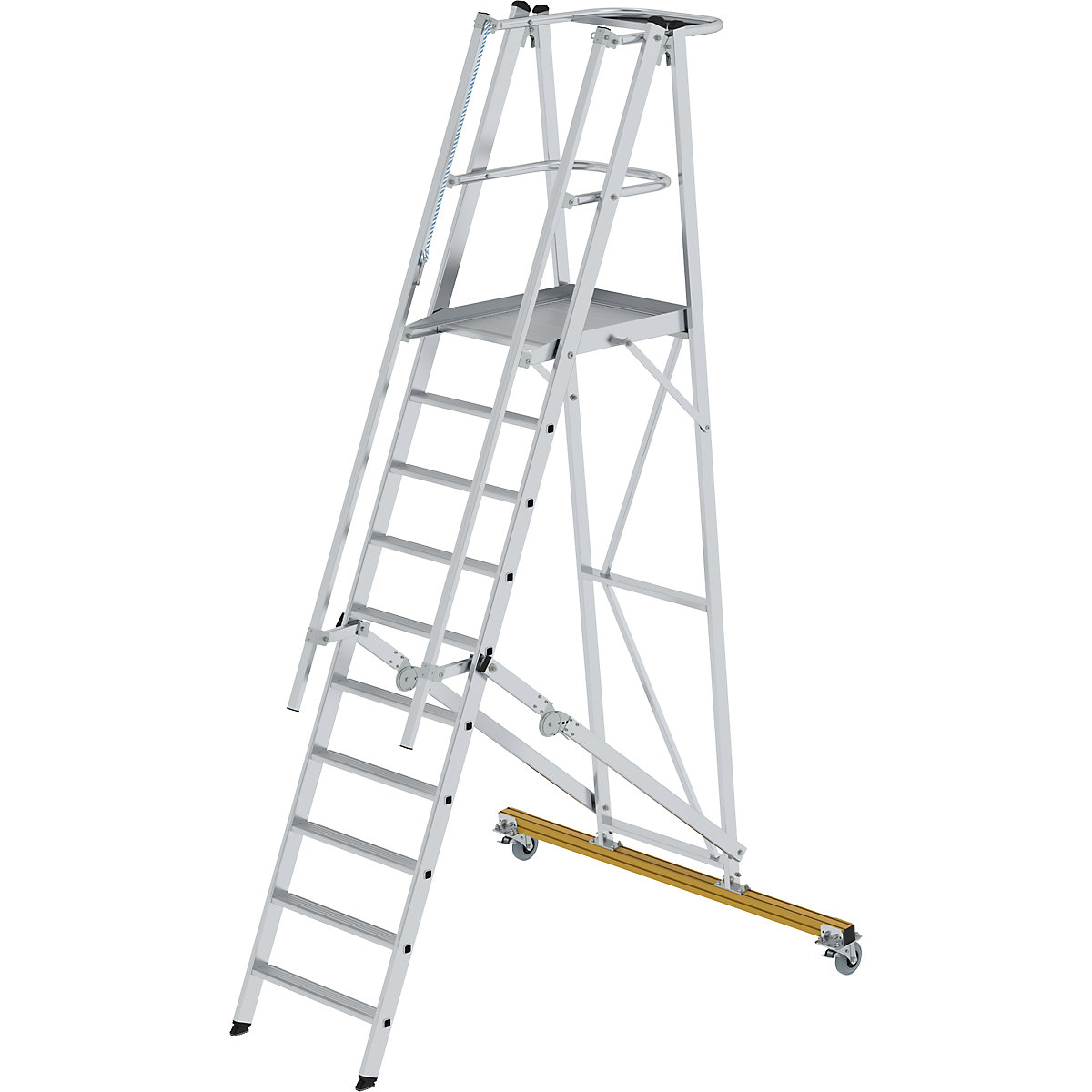 Aluminiowa drabina platformowa, na kółkach – MUNK, z 3-stronną poręczą platformy, 10 szczebli z platformą-0