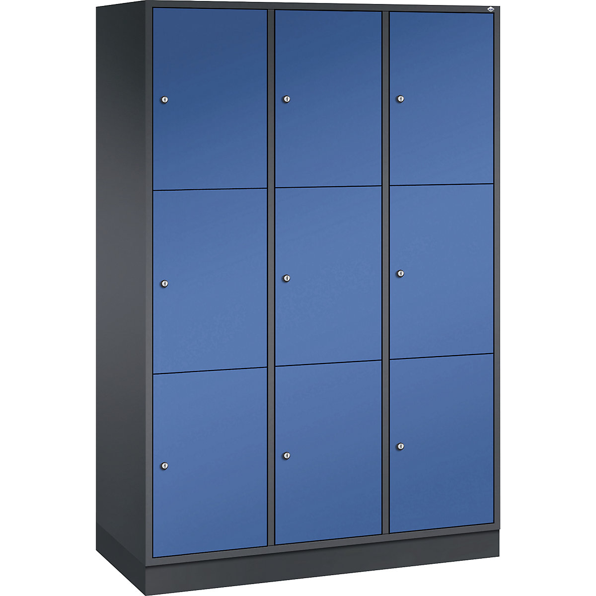 Dulap cu 3 compartimente cu încuietoare Intro – C+P, 3 module, gri negru / albastru gențiană, lăț. x ad. 1220 x 500 mm-0