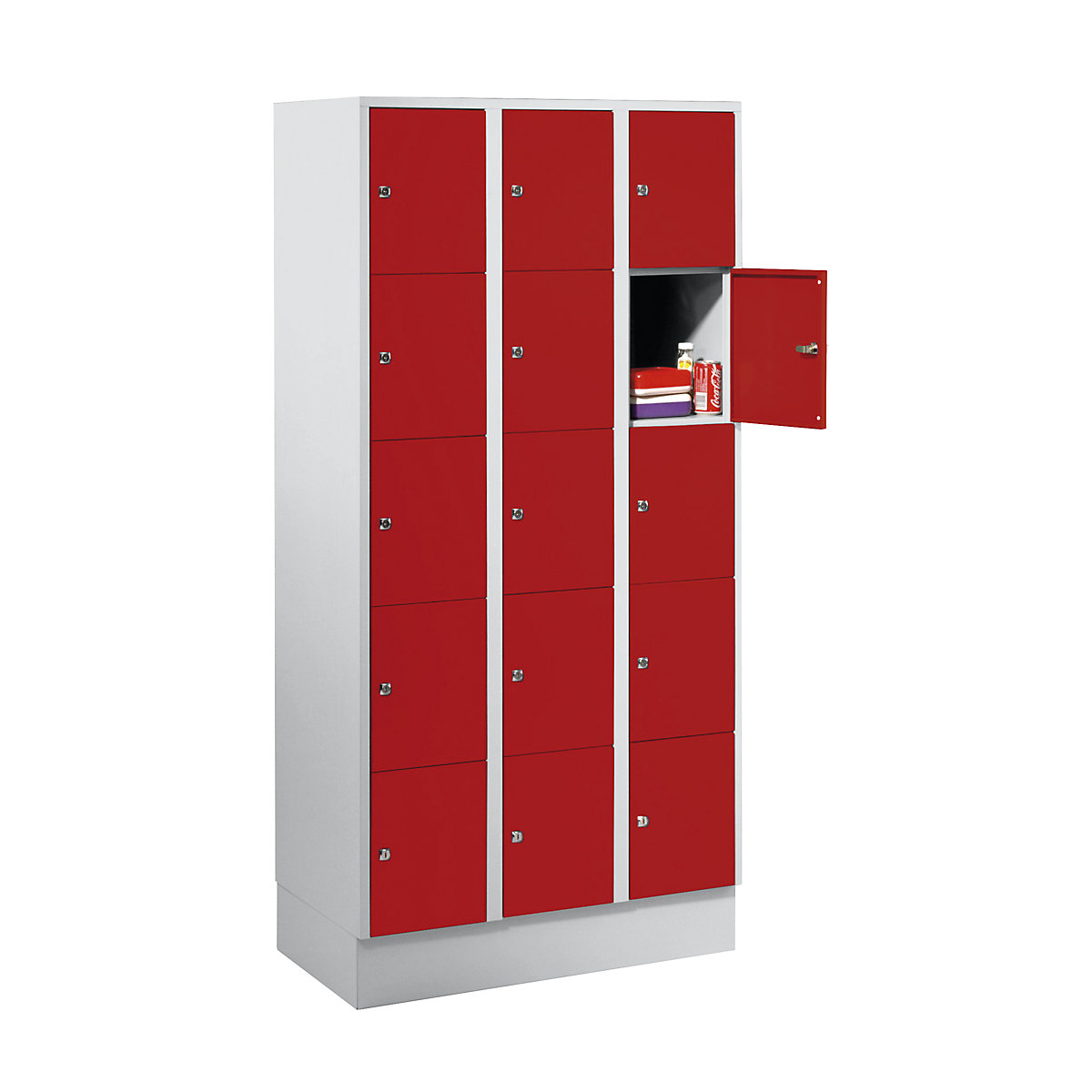 Dulap cu 5 compartimente cu încuietoare München – Wolf, 3 module, gri deschis / roșu aprins, lăț. 900 mm, cu soclu-0