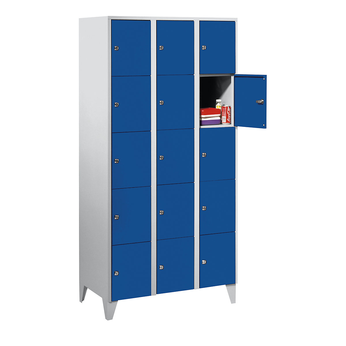 Dulap cu 5 compartimente cu încuietoare München – Wolf, 3 module, gri deschis / albastru gențiană, lăț. 900 mm, cu picioare-0