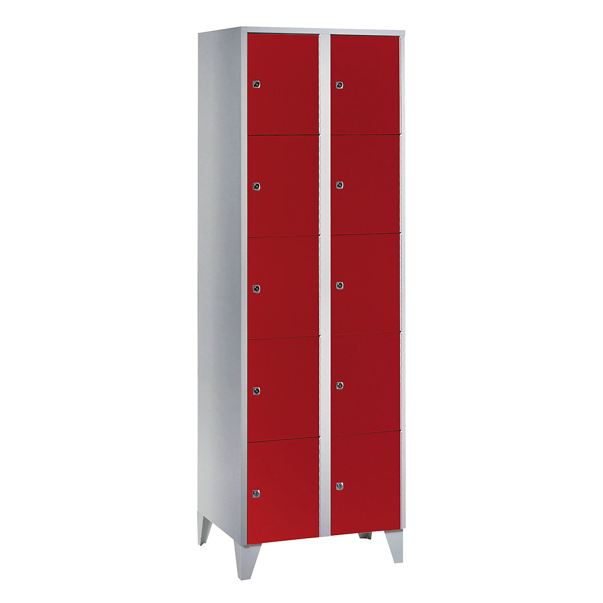 Dulap cu 5 compartimente cu încuietoare München – Wolf, 2 module, gri deschis / roșu aprins, lăț. 600 mm, cu picioare-0