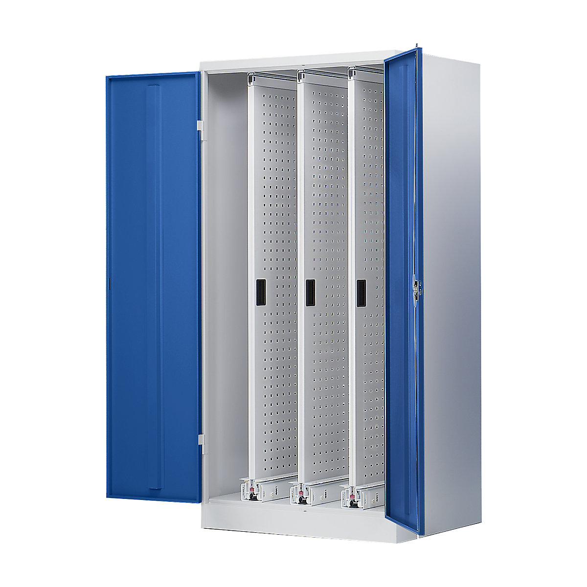 Dulap cu cadru vertical glisant – Pavoy, cu 3 sertare, gri deschis / albastru gențiană-0