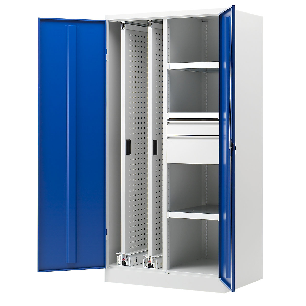 Dulap cu cadru vertical glisant – Pavoy, cu 2 elemente extractibile, 2 sertare și 3 polițe, gri deschis / albastru gențiană-0