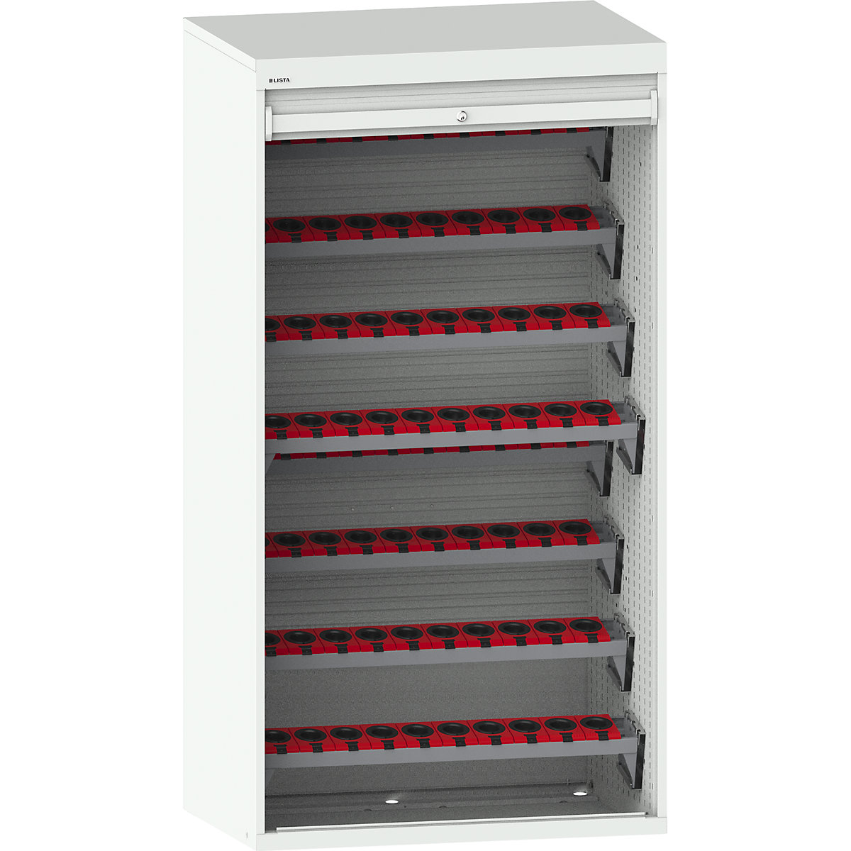Dulap CNC cu oblon – LISTA, 8 polițe, 80 suporturi HSK 63 A+C+E/80 B+D+F, gri deschis RAL 7035-0