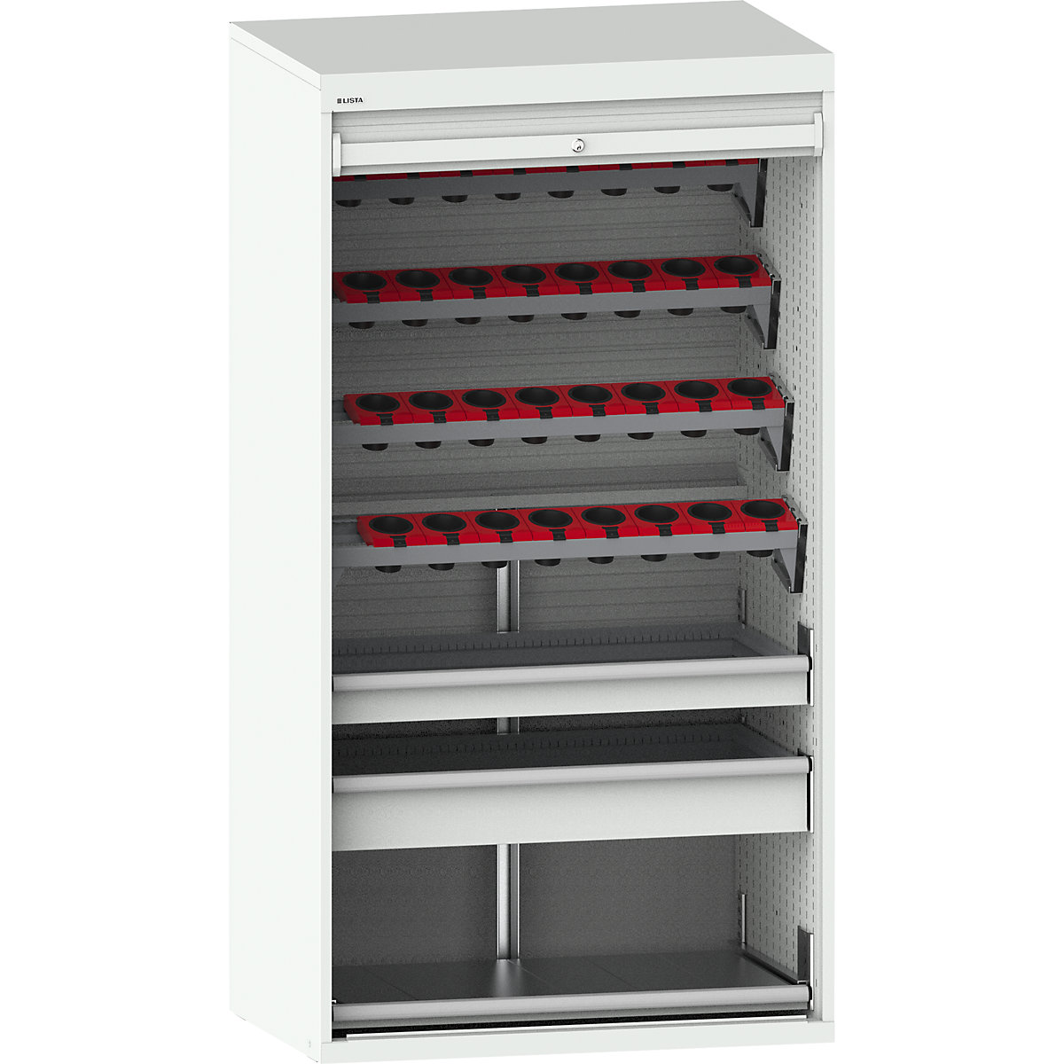 Dulap CNC cu oblon – LISTA, 7 polițe, 32 suporturi ISO-SK 50, gri deschis RAL 7035-0