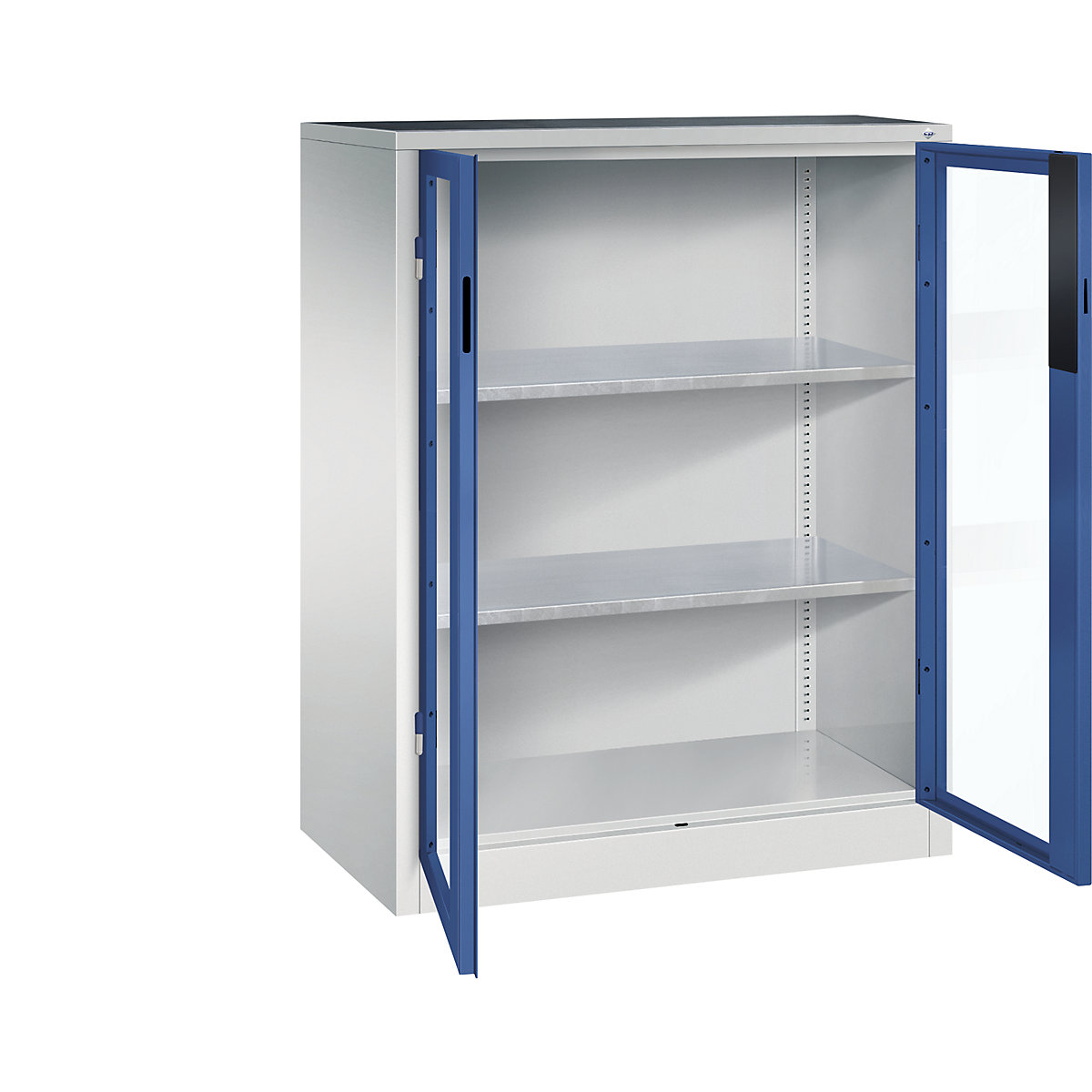 Dulap cu ușă cu canat cu geam – C+P, î. x lăț. x ad. 1200 x 930 x 500 mm, 2 polițe, gri deschis / albastru gențiană-0