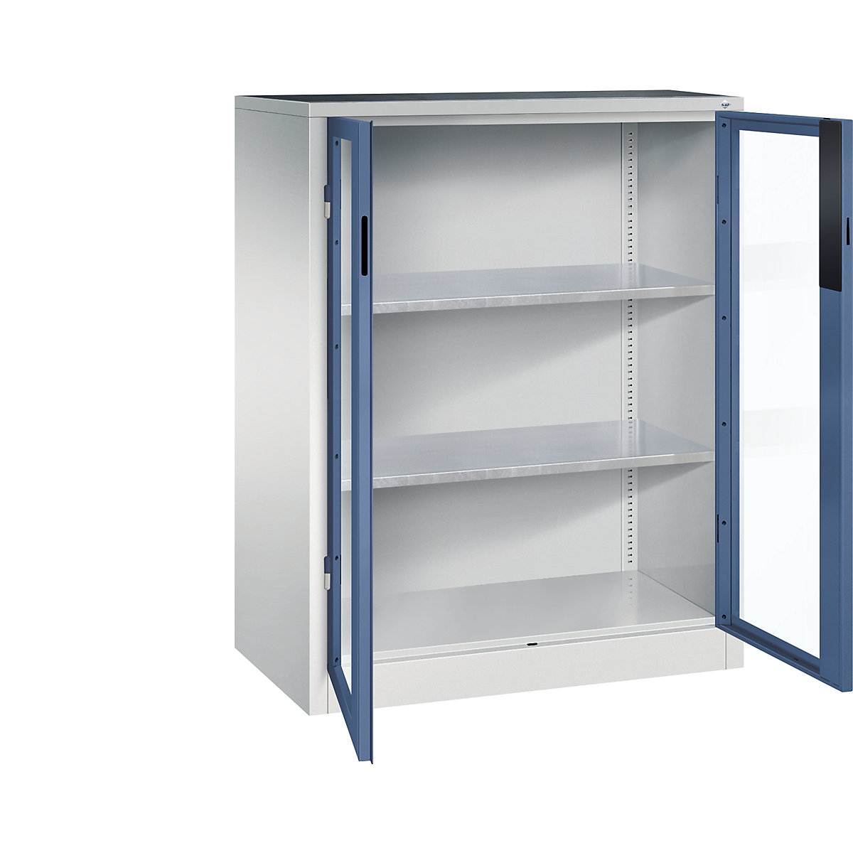 Dulap cu ușă cu canat cu geam – C+P, î. x lăț. x ad. 1200 x 930 x 500 mm, 2 polițe, gri deschis / albastru îndepărtat-0