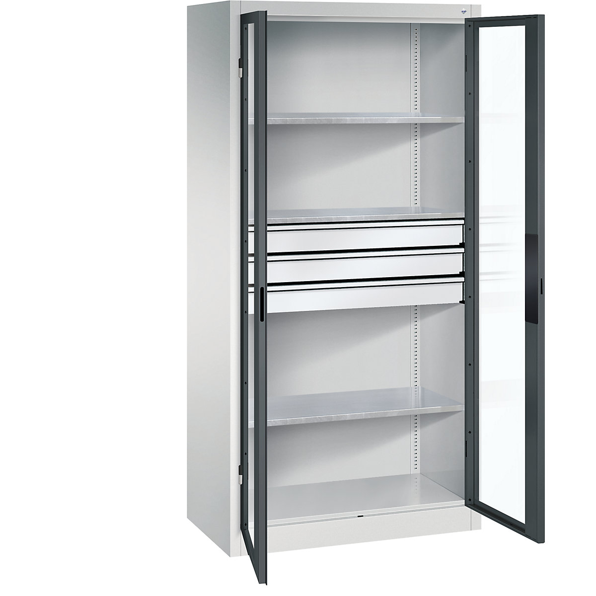 Dulap cu ușă cu canat cu geam – C+P, î. x lăț. x ad. 1950 x 930 x 500 mm, 3 polițe, 3 sertare, gri deschis / gri antracit-0
