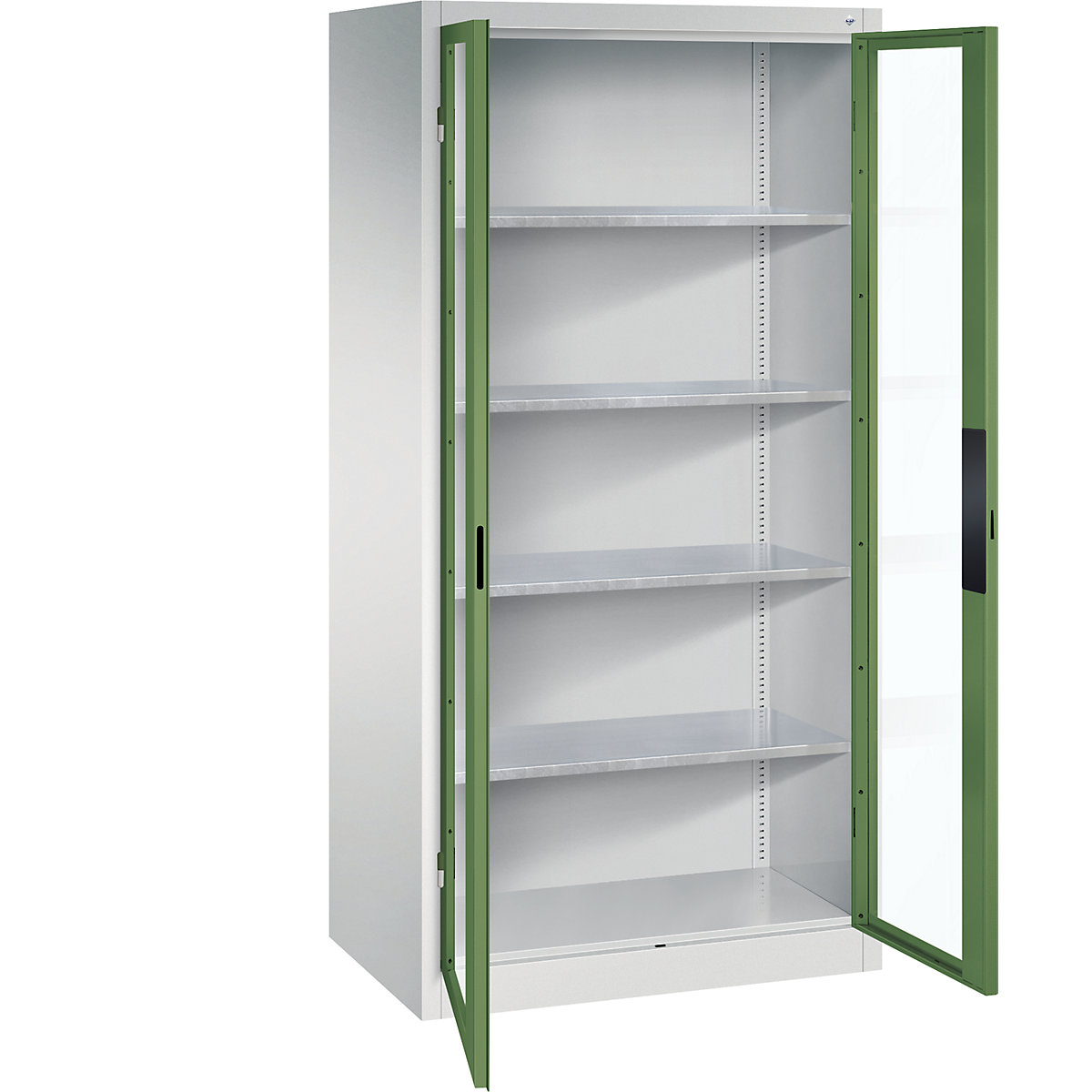 Dulap cu ușă cu canat cu geam – C+P, î. x lăț. x ad. 1950 x 930 x 600 mm, 4 polițe, gri deschis / verde reseda-0