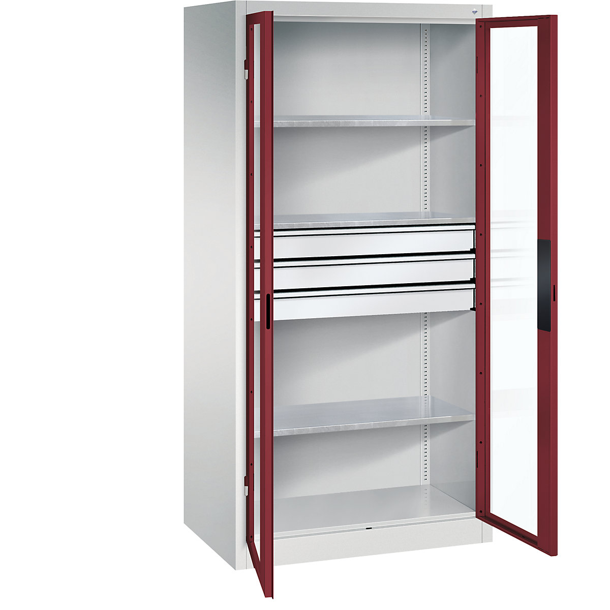 Dulap cu ușă cu canat cu geam – C+P, î. x lăț. x ad. 1950 x 930 x 600 mm, 3 polițe, 3 sertare, gri deschis / roșu rubin-0