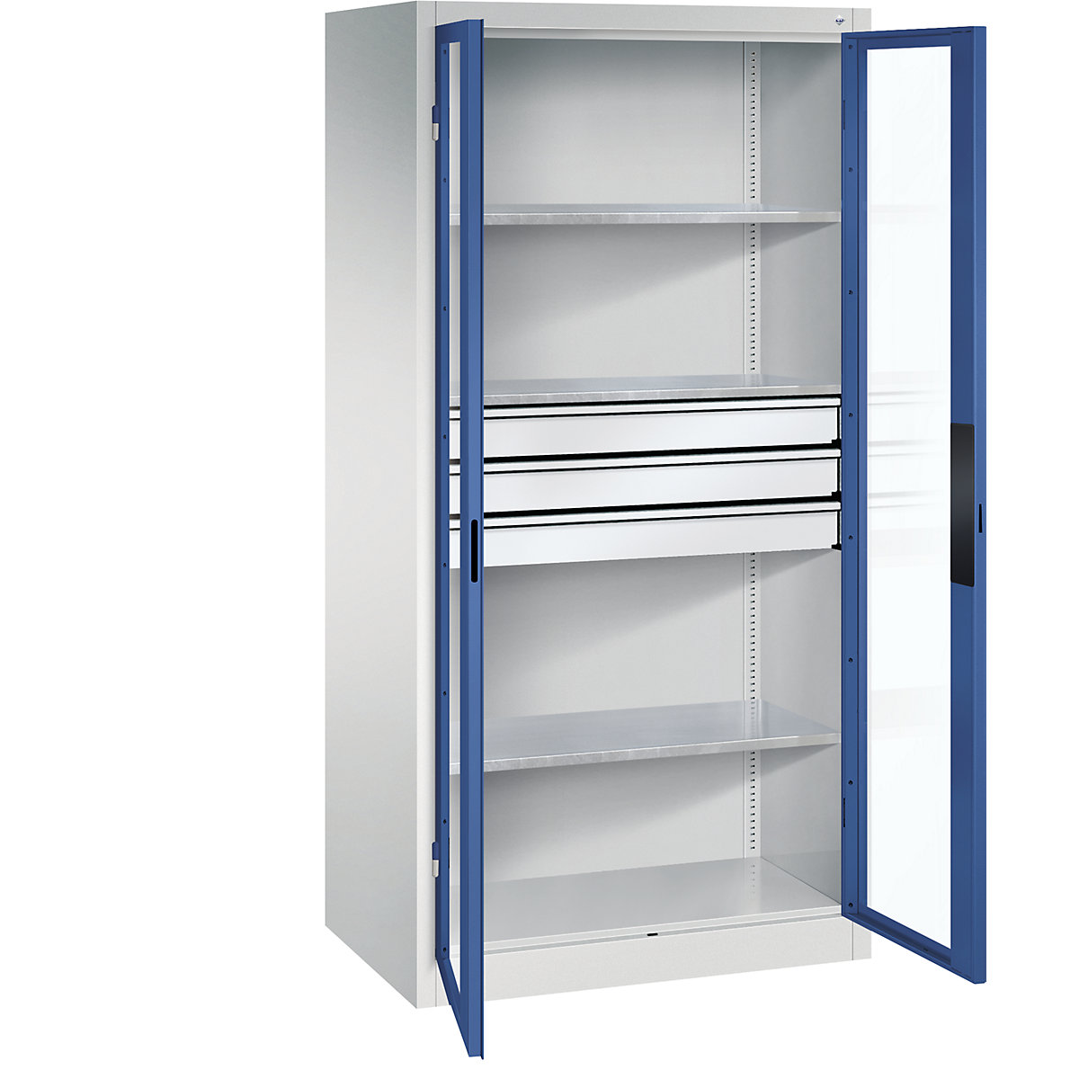 Dulap cu ușă cu canat cu geam – C+P, î. x lăț. x ad. 1950 x 930 x 600 mm, 3 polițe, 3 sertare, gri deschis / albastru gențiană-0