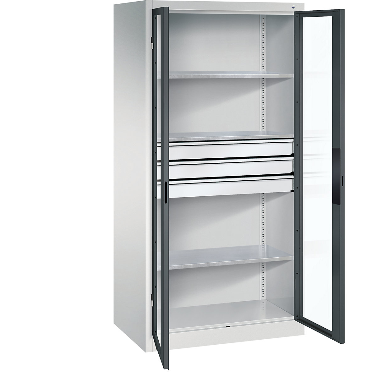 Dulap cu ușă cu canat cu geam – C+P, î. x lăț. x ad. 1950 x 930 x 600 mm, 3 polițe, 3 sertare, gri deschis / gri antracit-0
