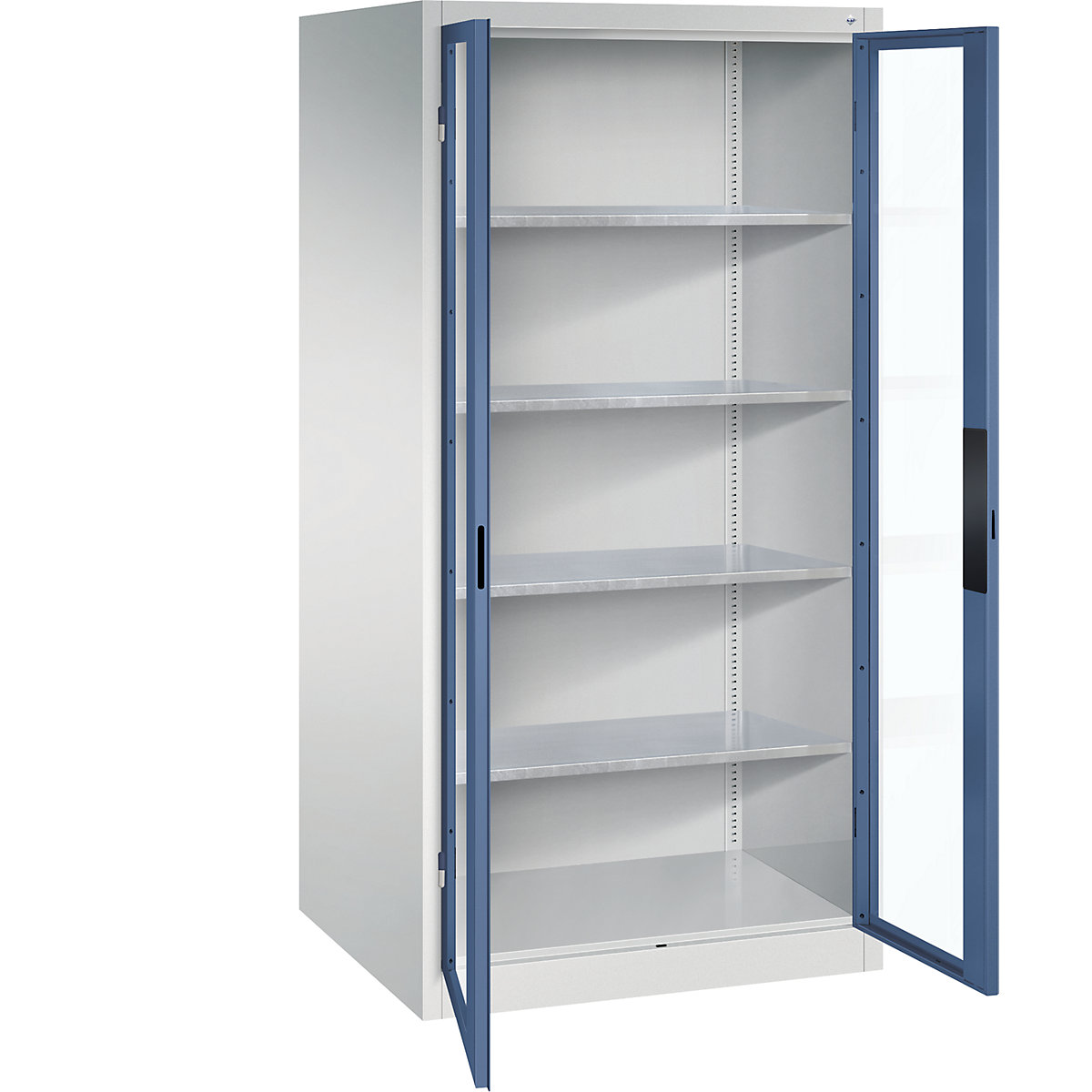 Dulap cu ușă cu canat cu geam – C+P, î. x lăț. x ad. 1950 x 930 x 800 mm, 4 polițe, gri deschis / albastru îndepărtat-0