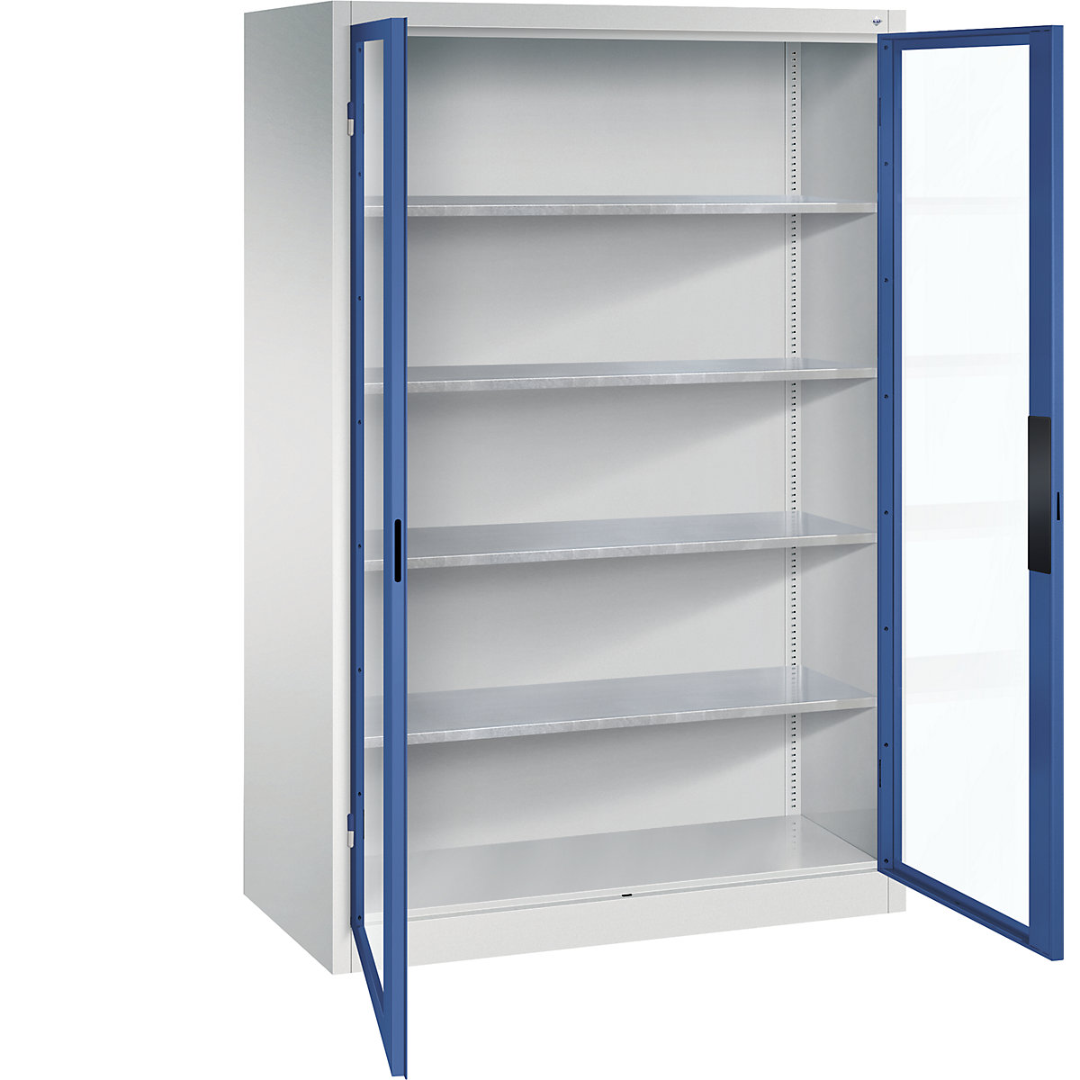 Dulap cu ușă cu canat cu geam – C+P, î. x lăț. x ad. 1950 x 1200 x 600 mm, 4 polițe, gri deschis / albastru gențiană-0