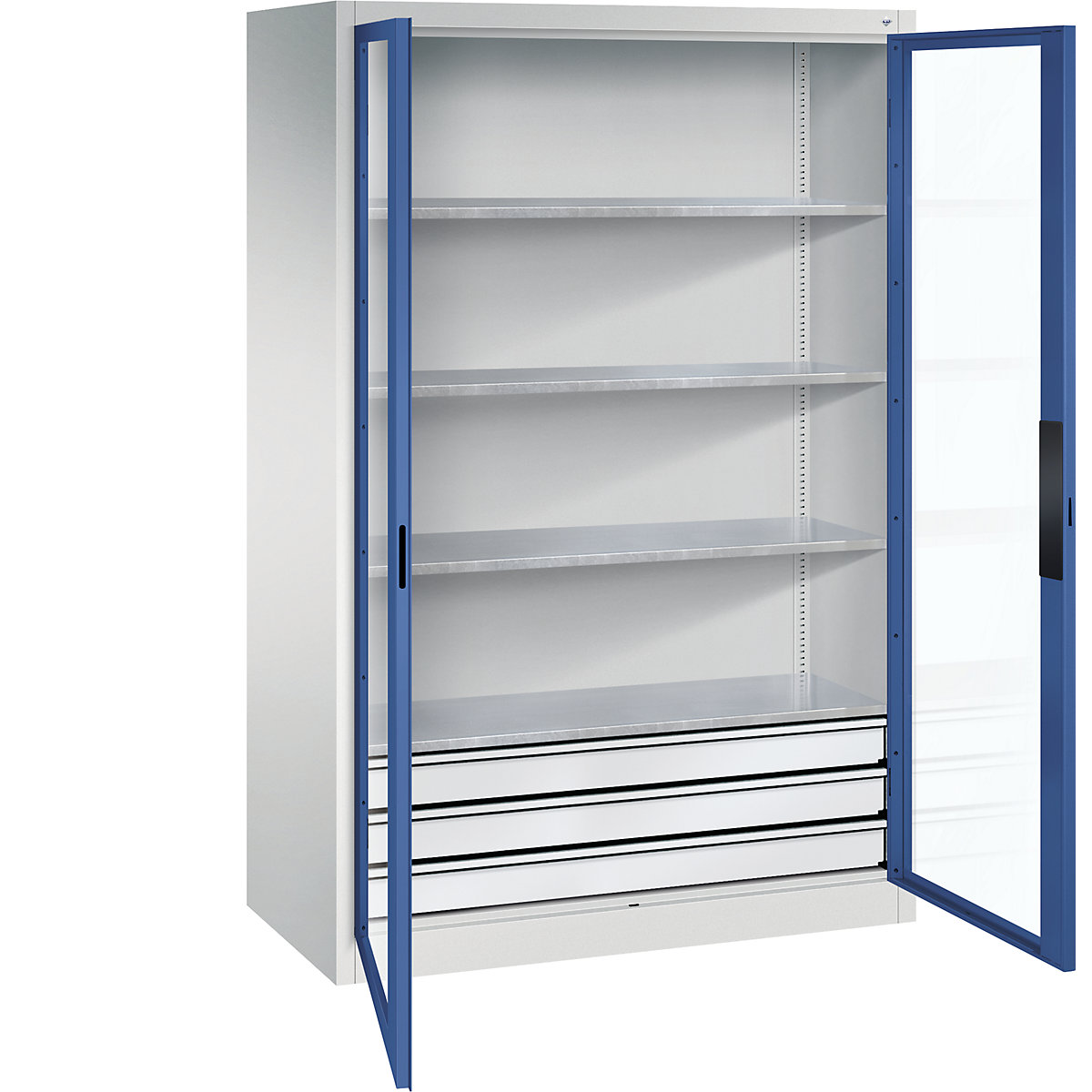 Dulap cu ușă cu canat cu geam – C+P, î. x lăț. x ad. 1950 x 1200 x 600 mm, 4 polițe, 3 sertare, gri deschis / albastru gențiană-0