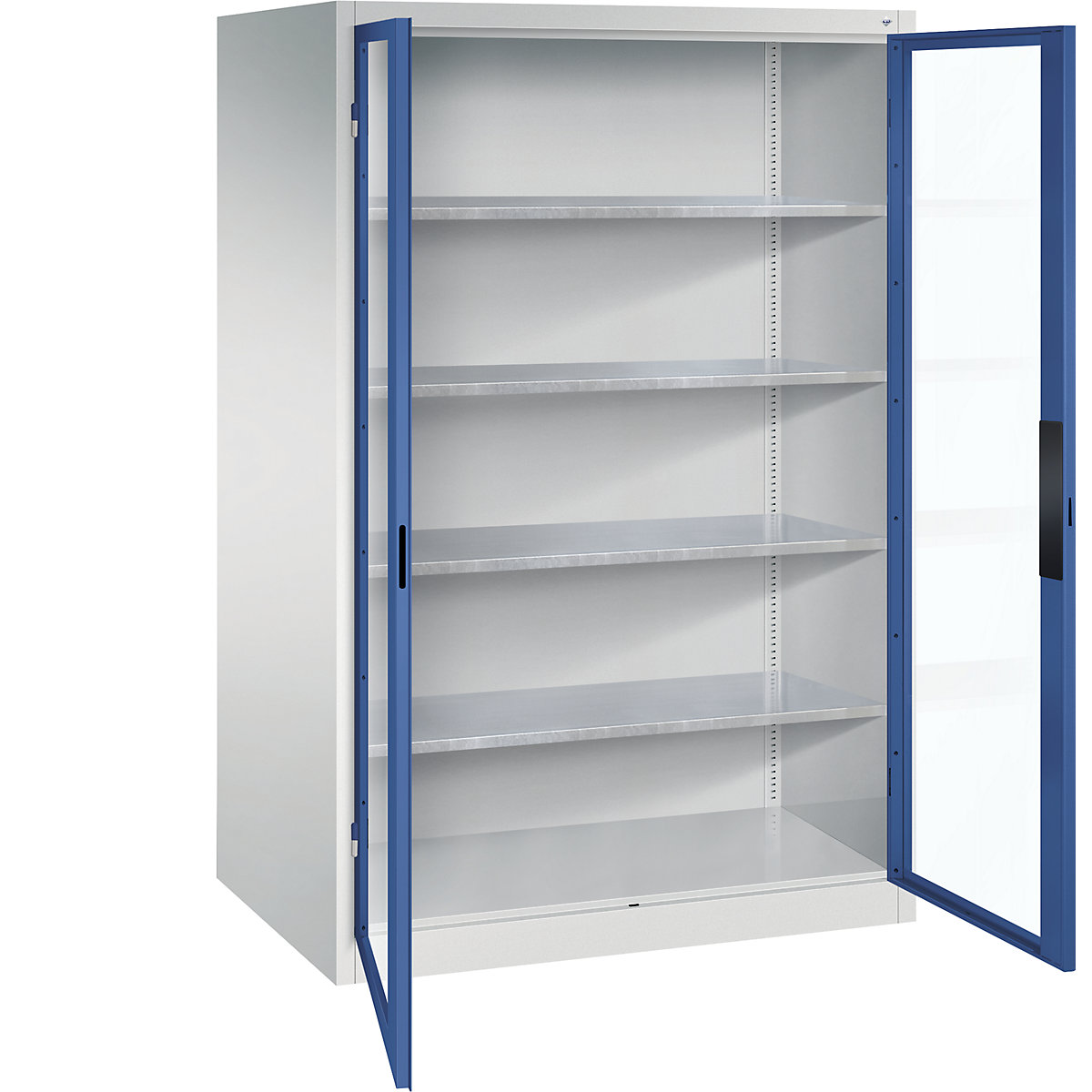 Dulap cu ușă cu canat cu geam – C+P, î. x lăț. x ad. 1950 x 1200 x 800 mm, 4 polițe, gri deschis / albastru gențiană-0