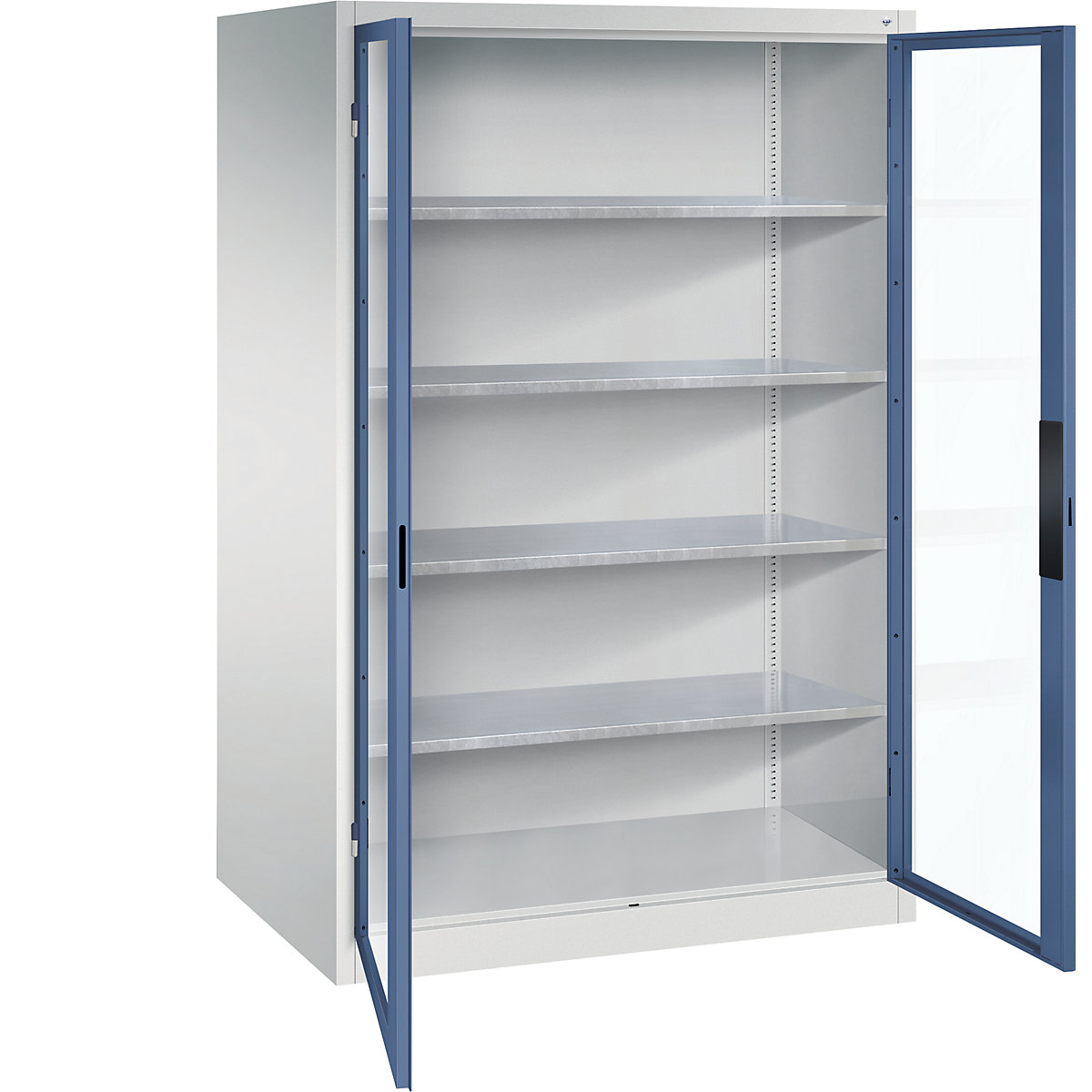Dulap cu ușă cu canat cu geam – C+P, î. x lăț. x ad. 1950 x 1200 x 800 mm, 4 polițe, gri deschis / albastru îndepărtat-0
