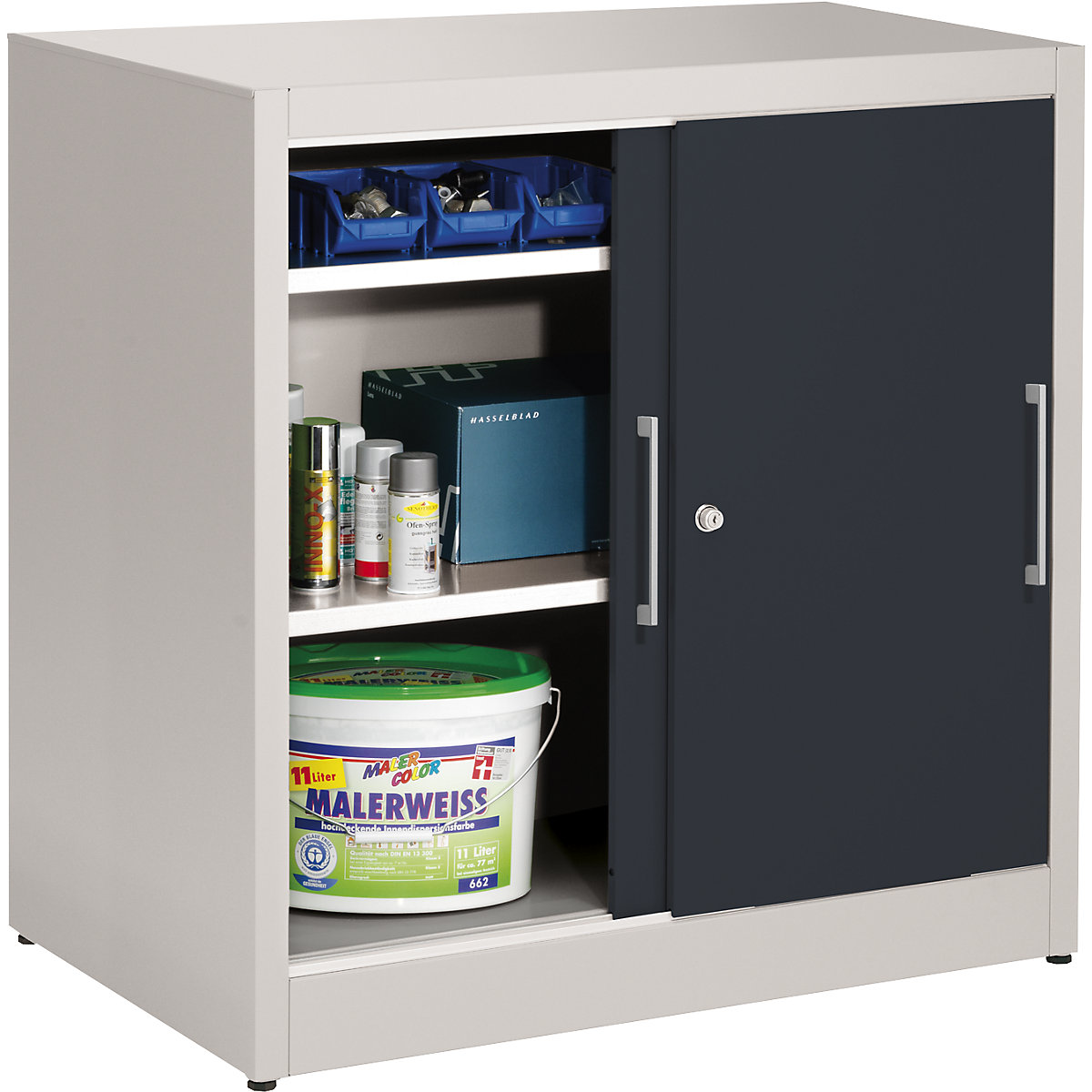 Dulap cu ușă glisantă, înălțime 1000 mm – eurokraft pro, cu 2 polițe, adâncime 600 mm, uși gri antracit RAL 7016-0