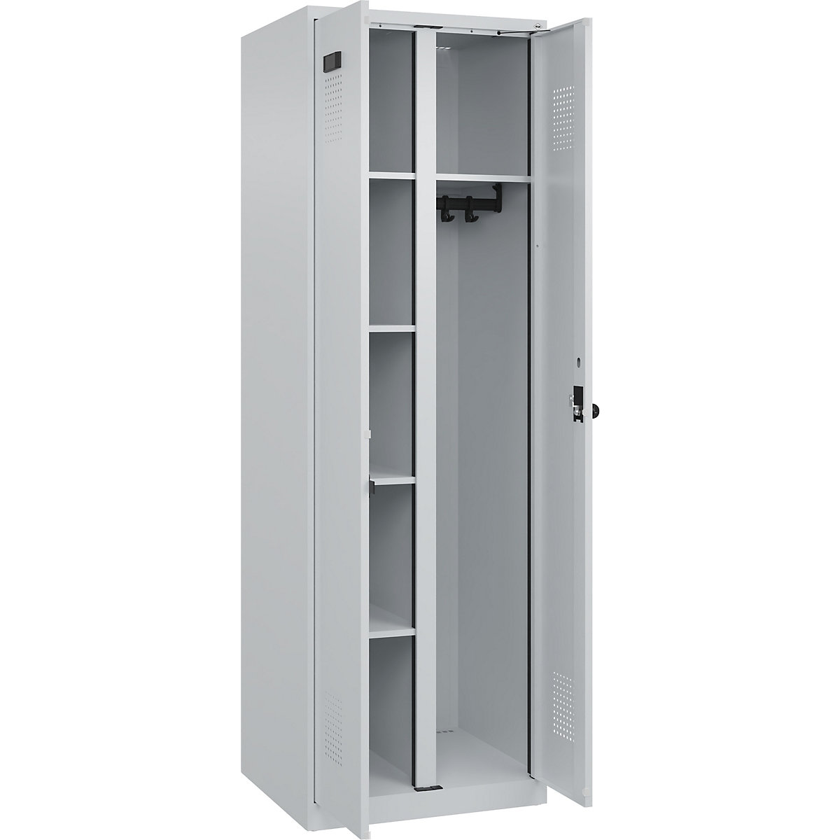 Dulap pentru materiale de curățenie Evolo PLUS, 1 modul, perete despărțitor central, gri deschis, lăț. 600 mm, cu glisoare pentru podea, zăvor rotativ de siguranță-0