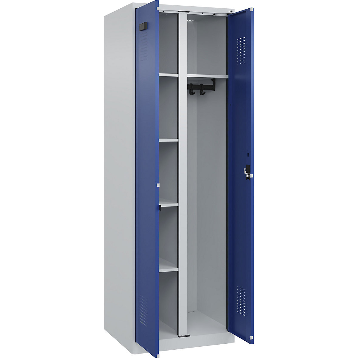 Dulap pentru materiale de curățenie Evolo PLUS, 1 modul, perete despărțitor central, gri deschis / albastru gențiană, lăț. 600 mm, cu glisoare pentru podea, încuietoare cilindrică-0