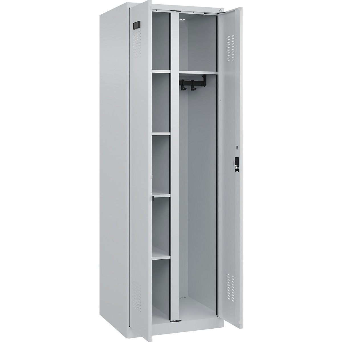 Dulap pentru materiale de curățenie Evolo PLUS, 1 modul, perete despărțitor central, gri deschis, lăț. 600 mm, cu glisoare pentru podea, încuietoare cilindrică-0