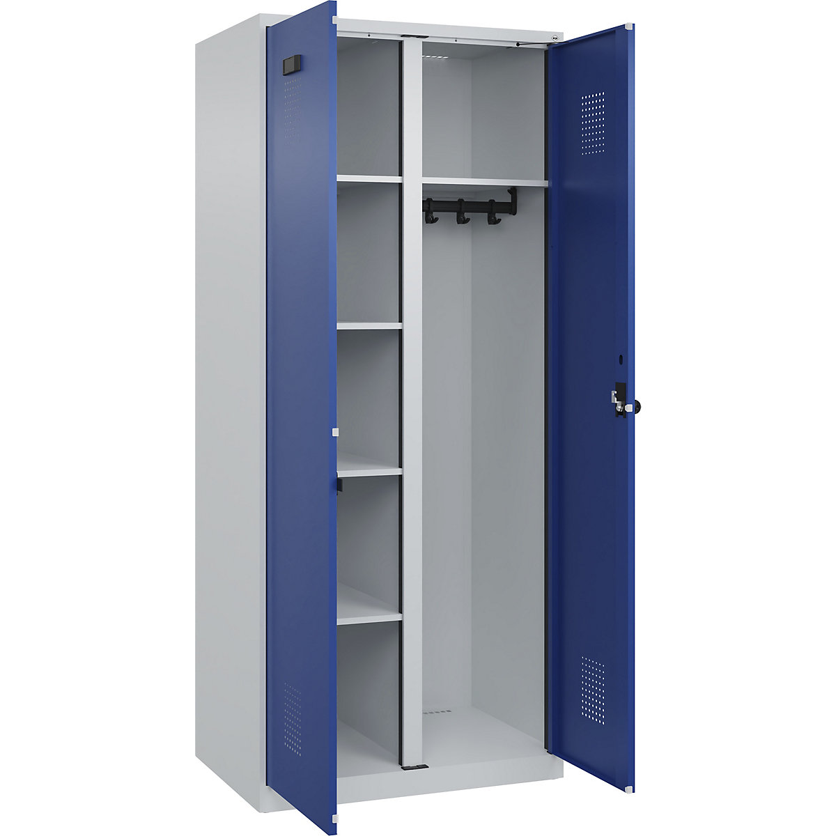 Dulap pentru materiale de curățenie Evolo PLUS, 1 modul, perete despărțitor central, gri deschis / albastru gențiană, lăț. 800 mm, cu glisoare pentru podea, zăvor rotativ de siguranță-0