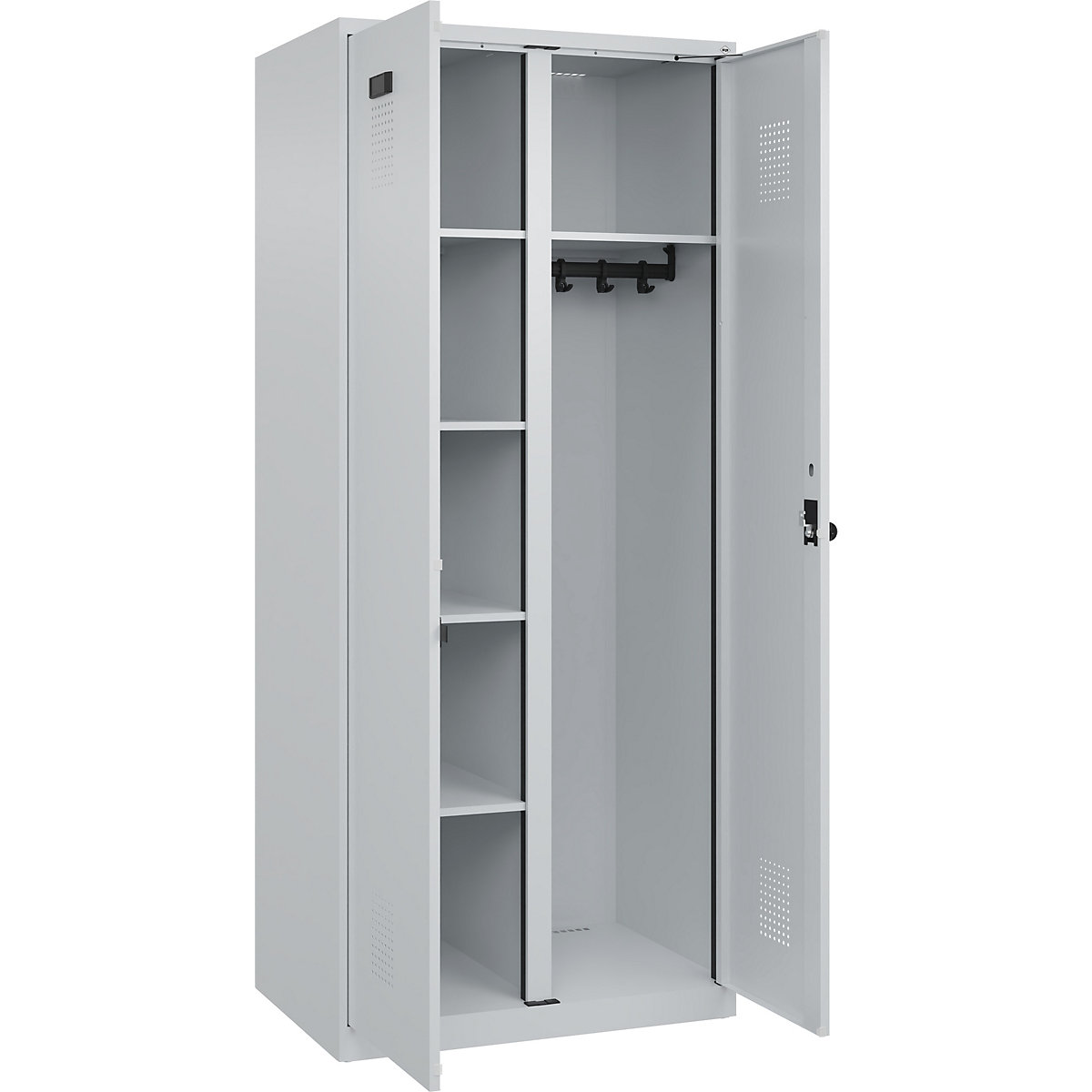 Dulap pentru materiale de curățenie Evolo PLUS, 1 modul, perete despărțitor central, gri deschis, lăț. 800 mm, cu glisoare pentru podea, zăvor rotativ de siguranță-0