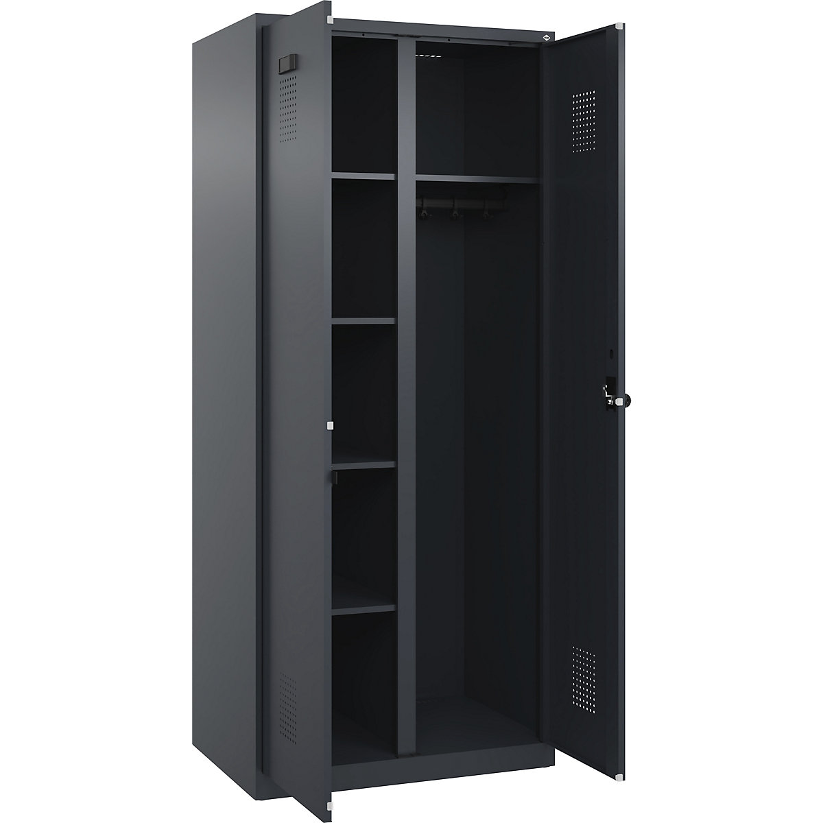 Dulap pentru materiale de curățenie Evolo PLUS, 1 modul, perete despărțitor central, gri, lăț. 800 mm, cu glisoare pentru podea, zăvor rotativ de siguranță-0